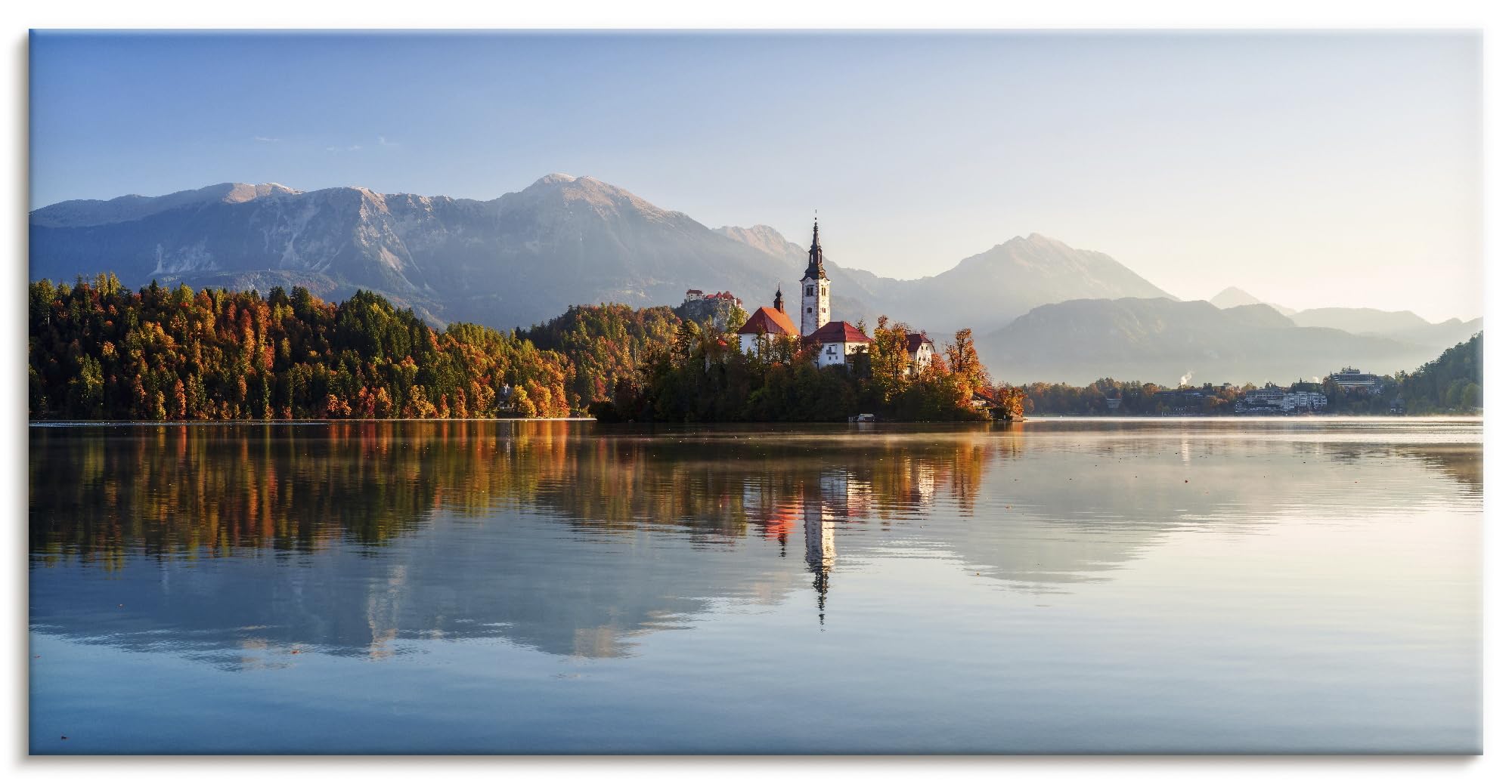 artland-leinwandbilder-herbst-am-bleder-see-leinwand-150x75-blau image 1