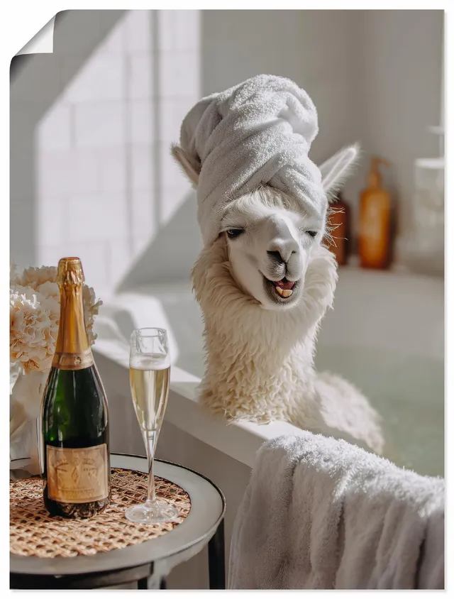 artland-kunstdrucke-lama-badewanne-poster-30x40-cm-wei-sekt image 1