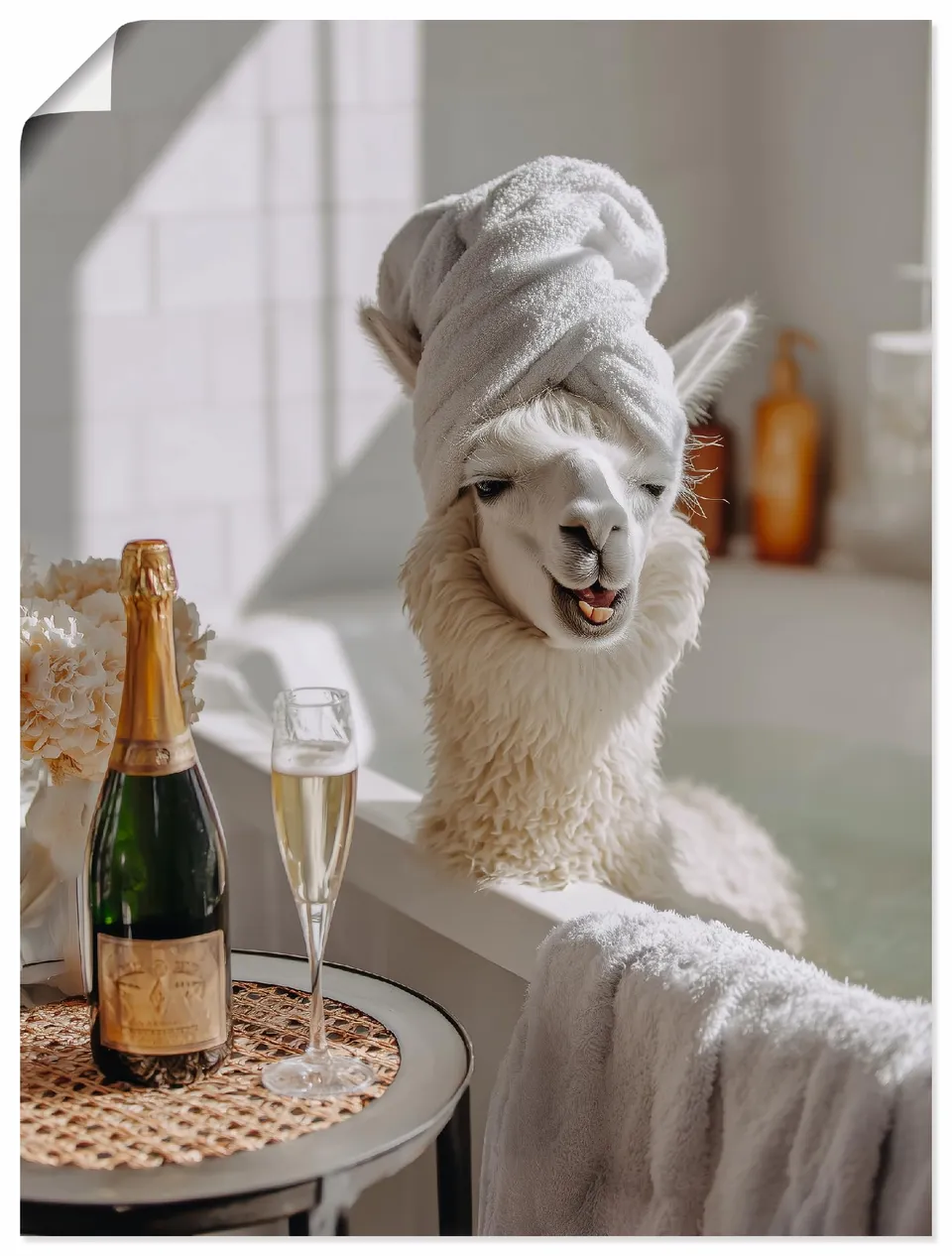 artland-kunstdrucke-lama-badewanne-poster-30x40-cm-wei-sekt image 1