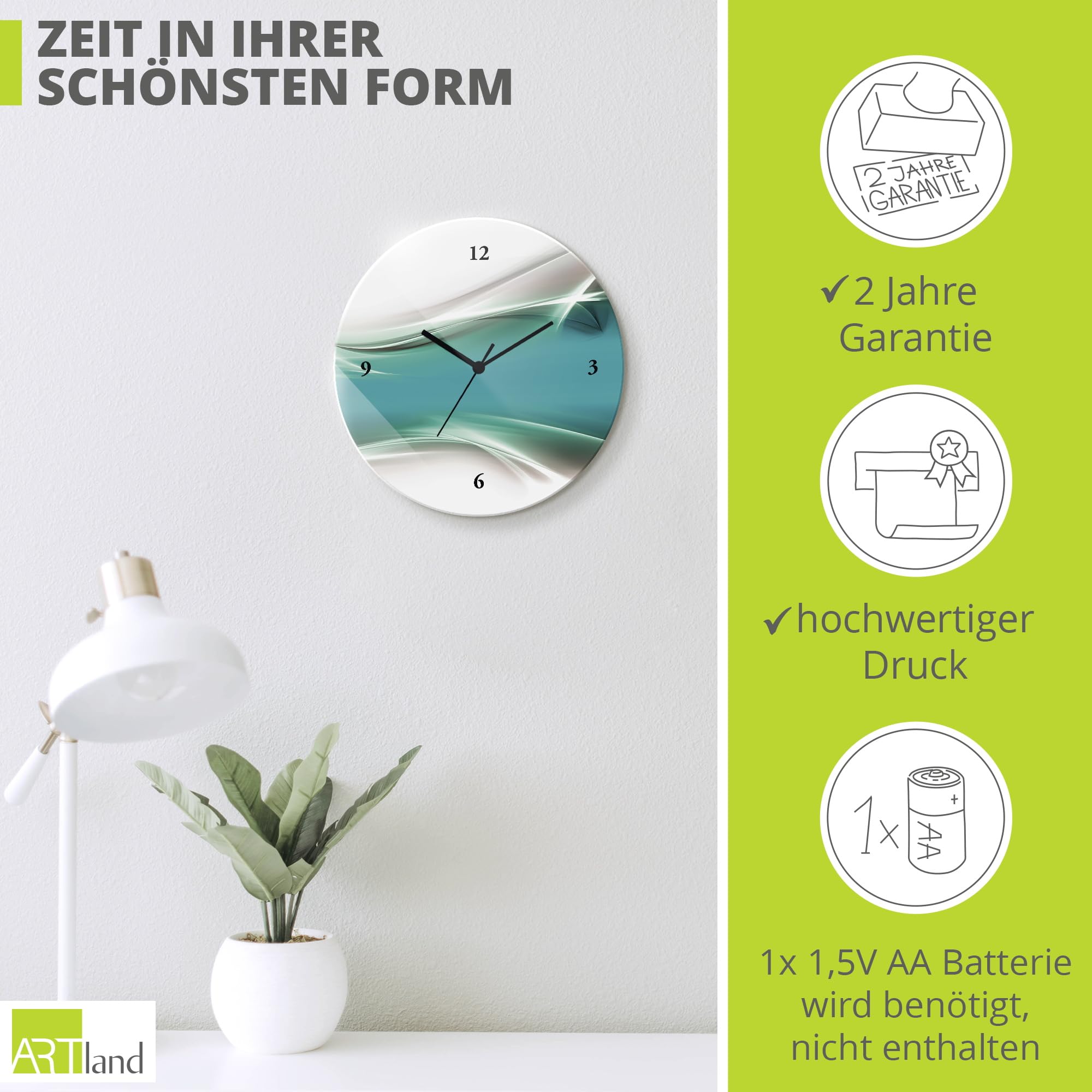 artland-wanduhren-glas-wanduhr-petrol-30-cm-lautlos image 3
