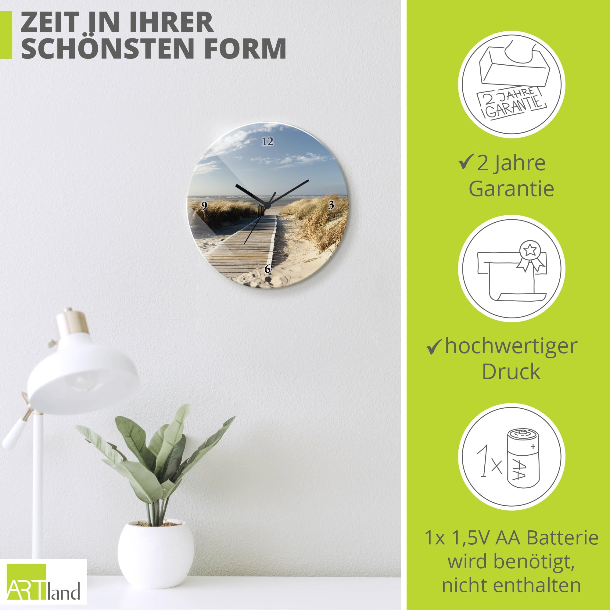 artland-wanduhren-nordseestrand-glas-wanduhr-30-cm-lautlos-quarz image 3