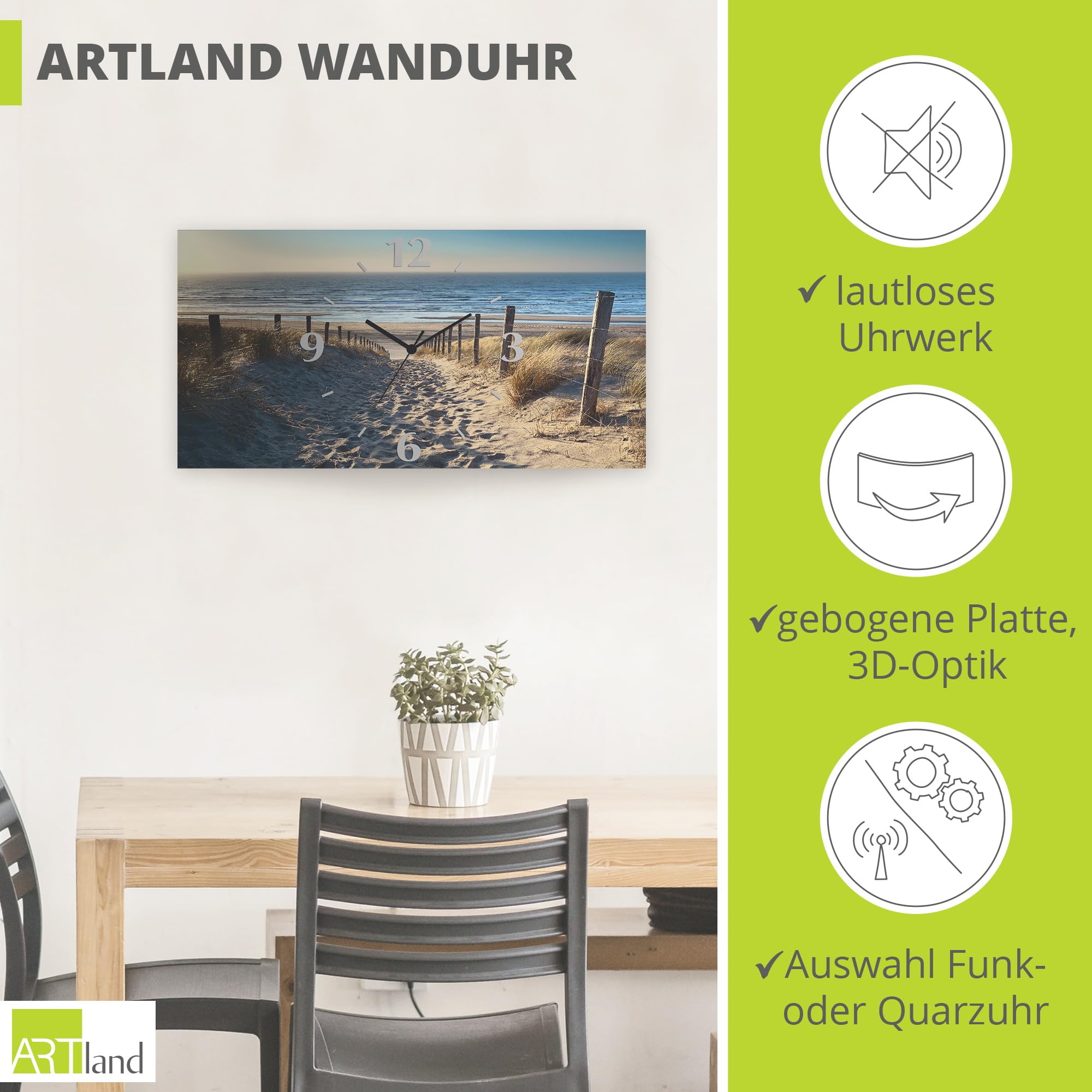 artland-wanduhren-funkuhr-60x30-cm-strand-meer-alu-lautlos image 2