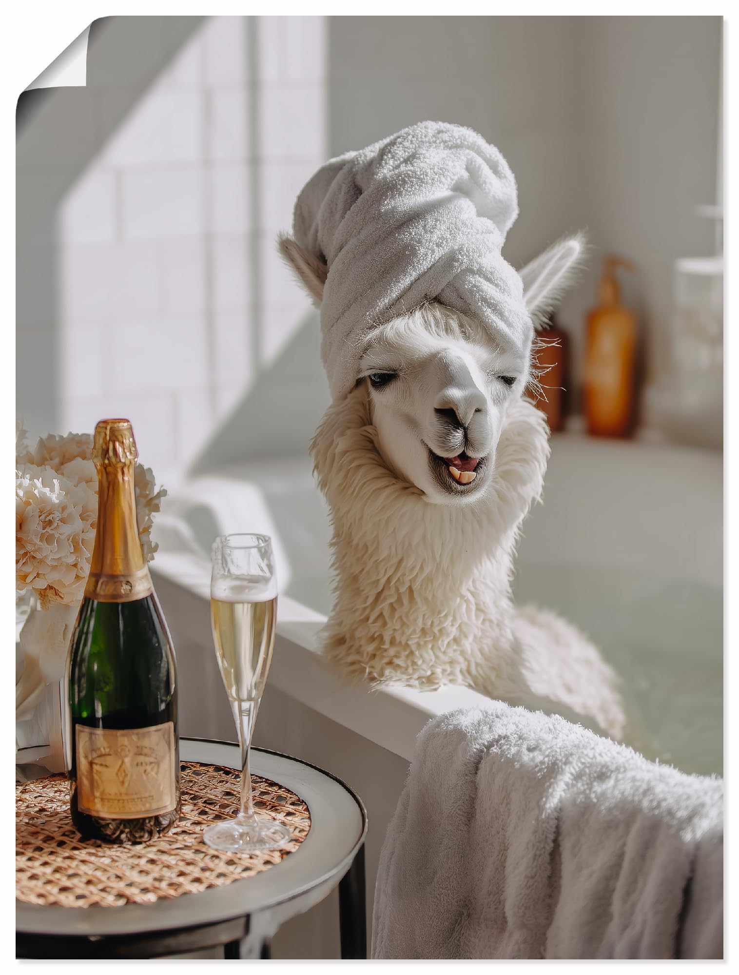 artland-kunstdrucke-lama-badewanne-poster-30x40-cm-wei-sekt image 1