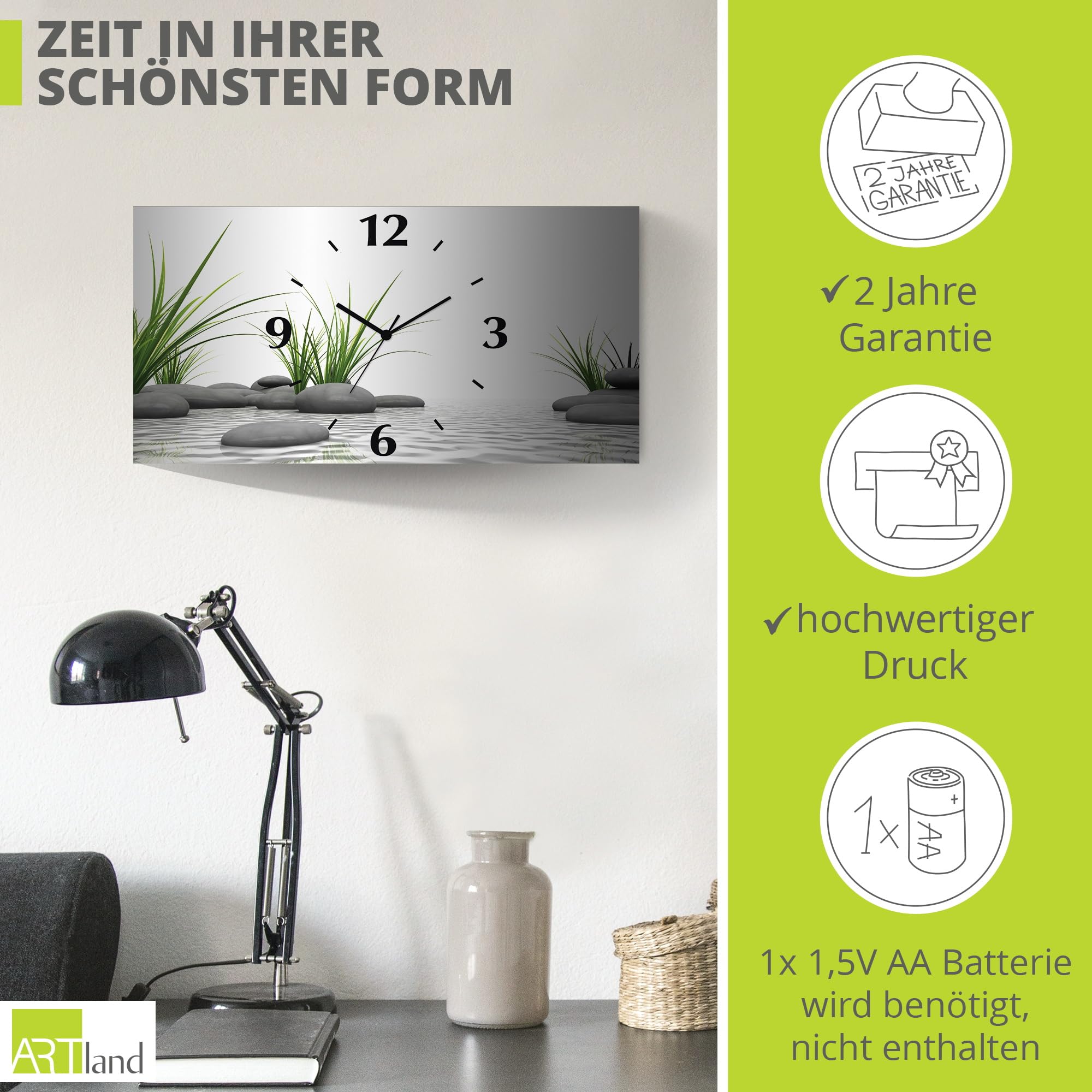 artland-wanduhren-quarzuhr-60x30-cm-zen-steine-lautlos image 3