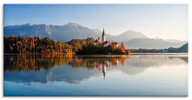 artland-leinwandbilder-herbst-am-bleder-see-leinwand-150x75-blau image 1