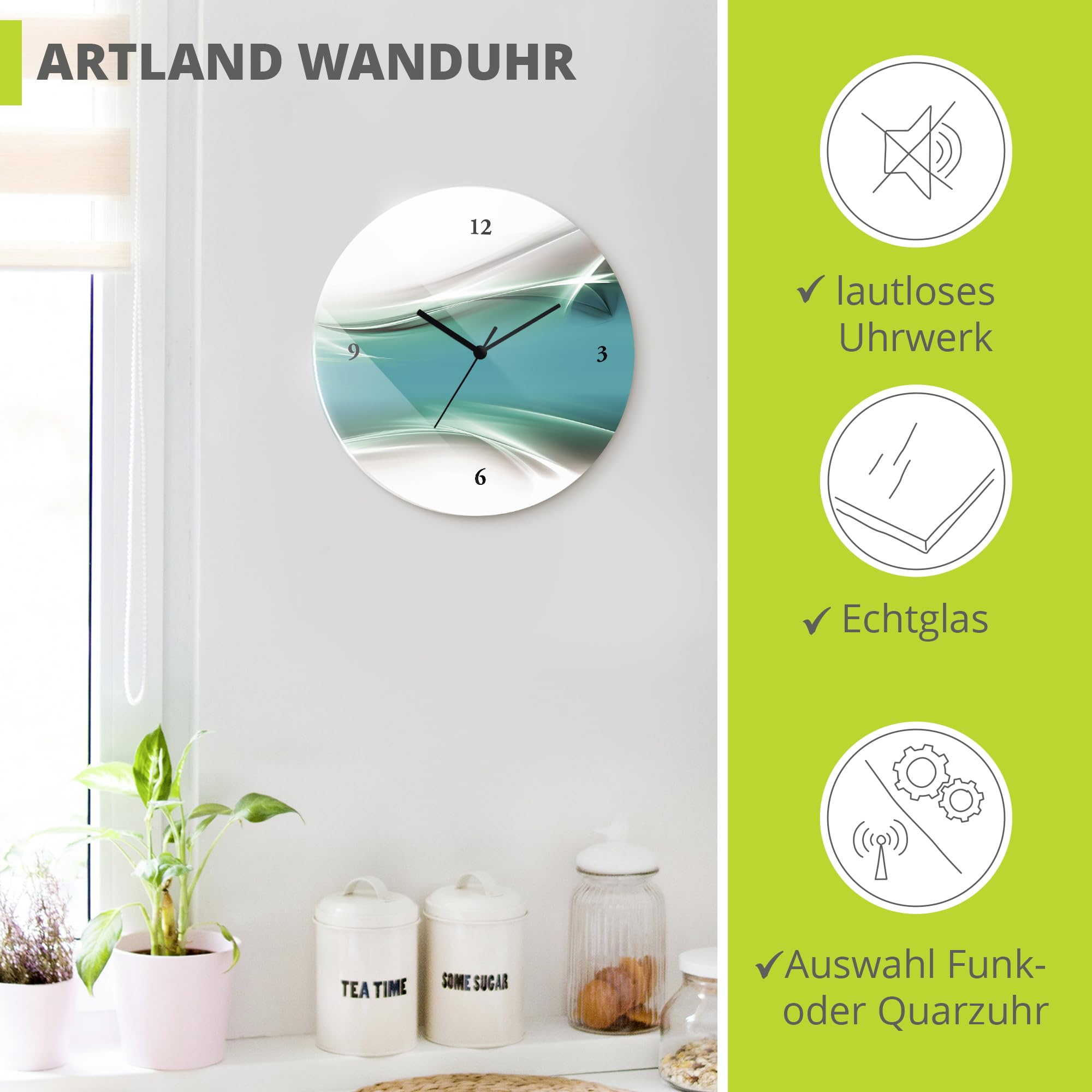 artland-wanduhren-glas-wanduhr-petrol-30-cm-lautlos image 2
