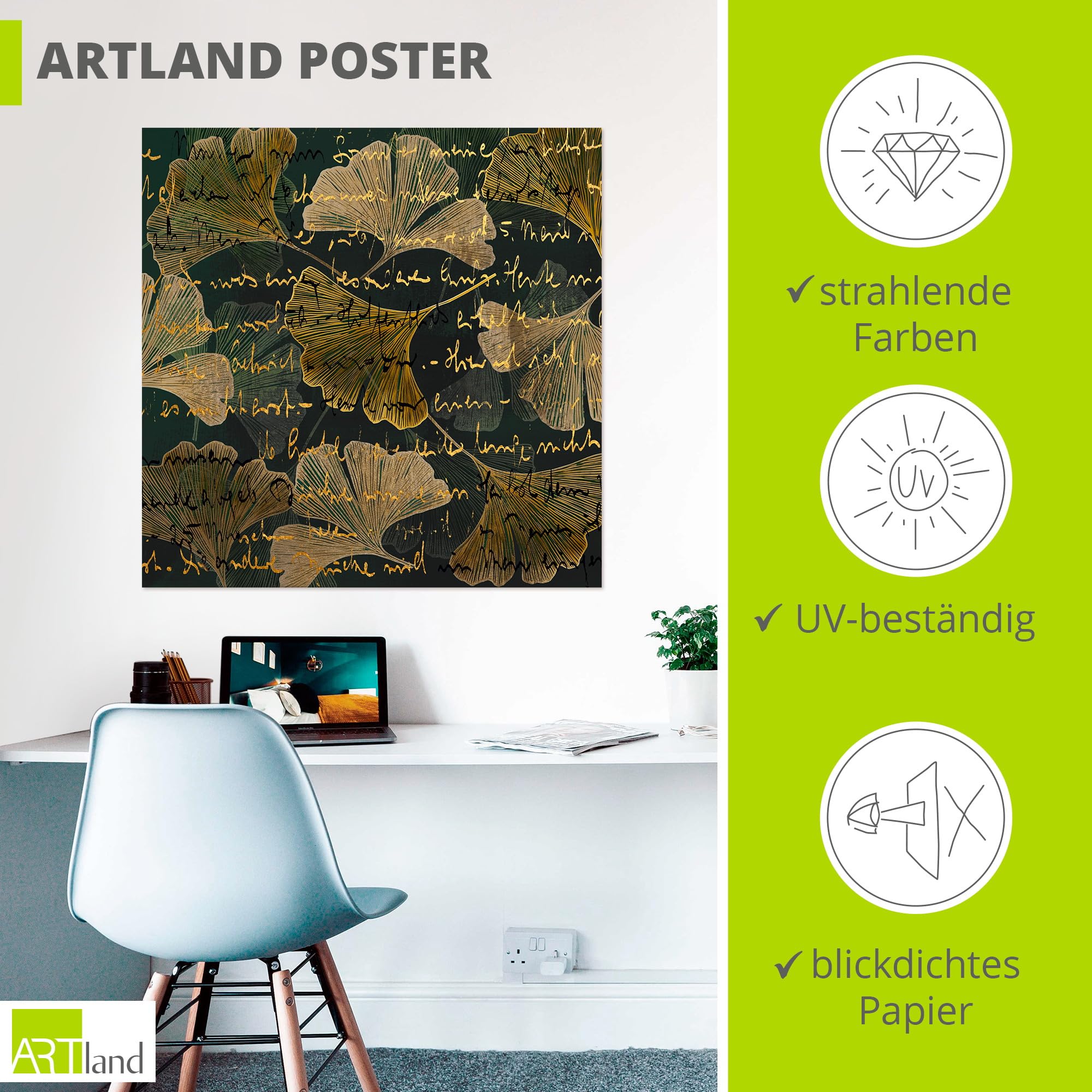 artland-kunstdrucke-ginkgo-poster-100x100-cm-braun image 3