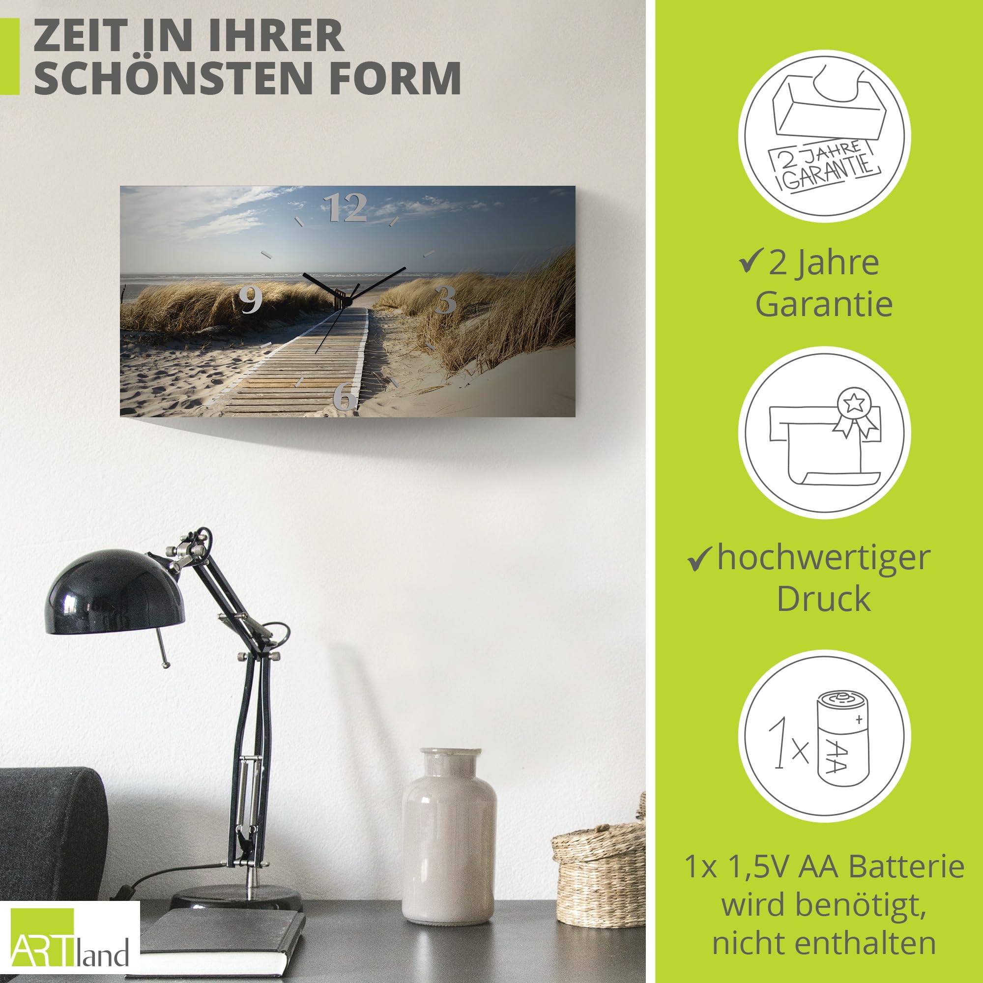 artland-wanduhren-strand-quarzuhr-50x25-cm-lautlos-meer image 3