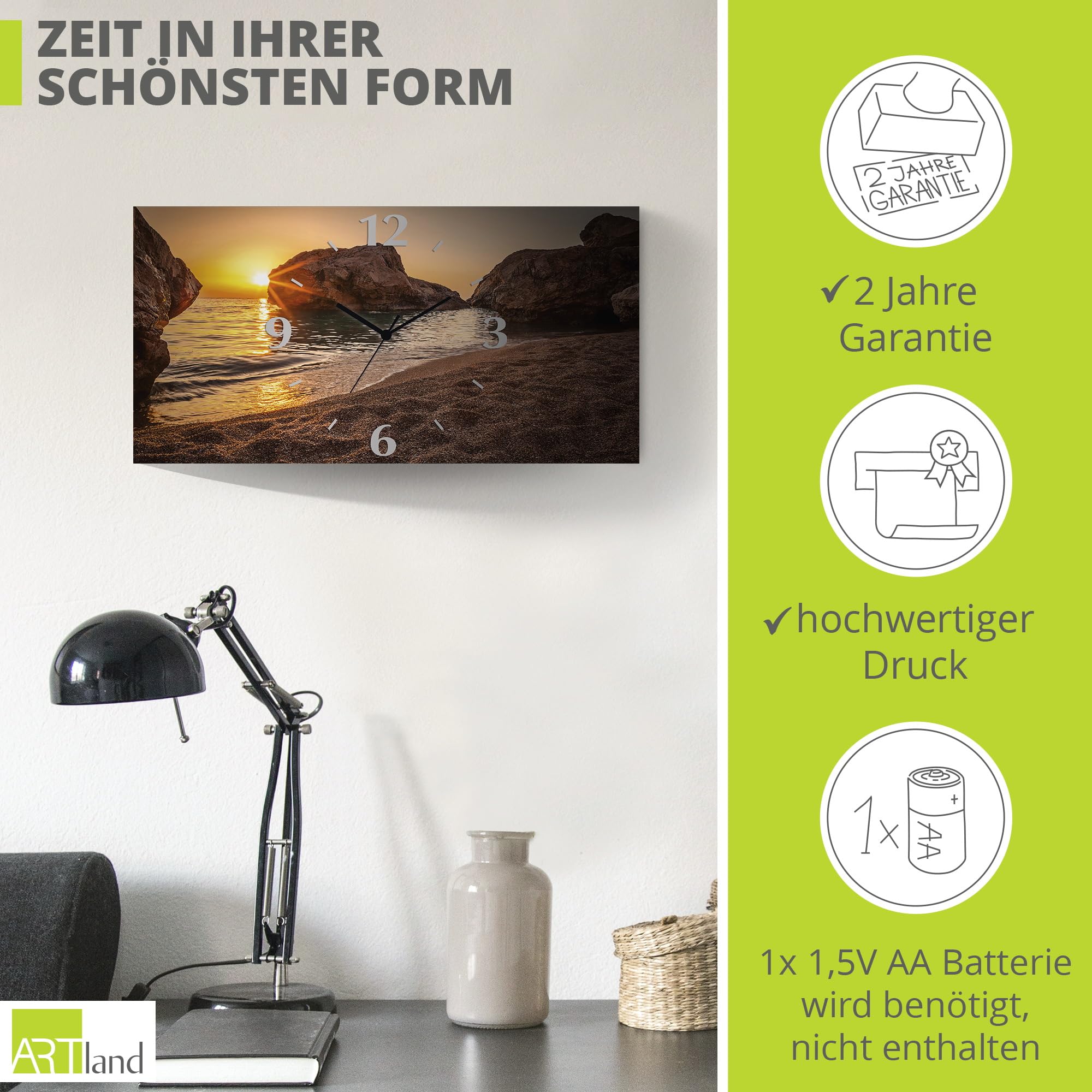 artland-wanduhren-quarzuhr-50x25-cm-strand-felsen-alu image 3