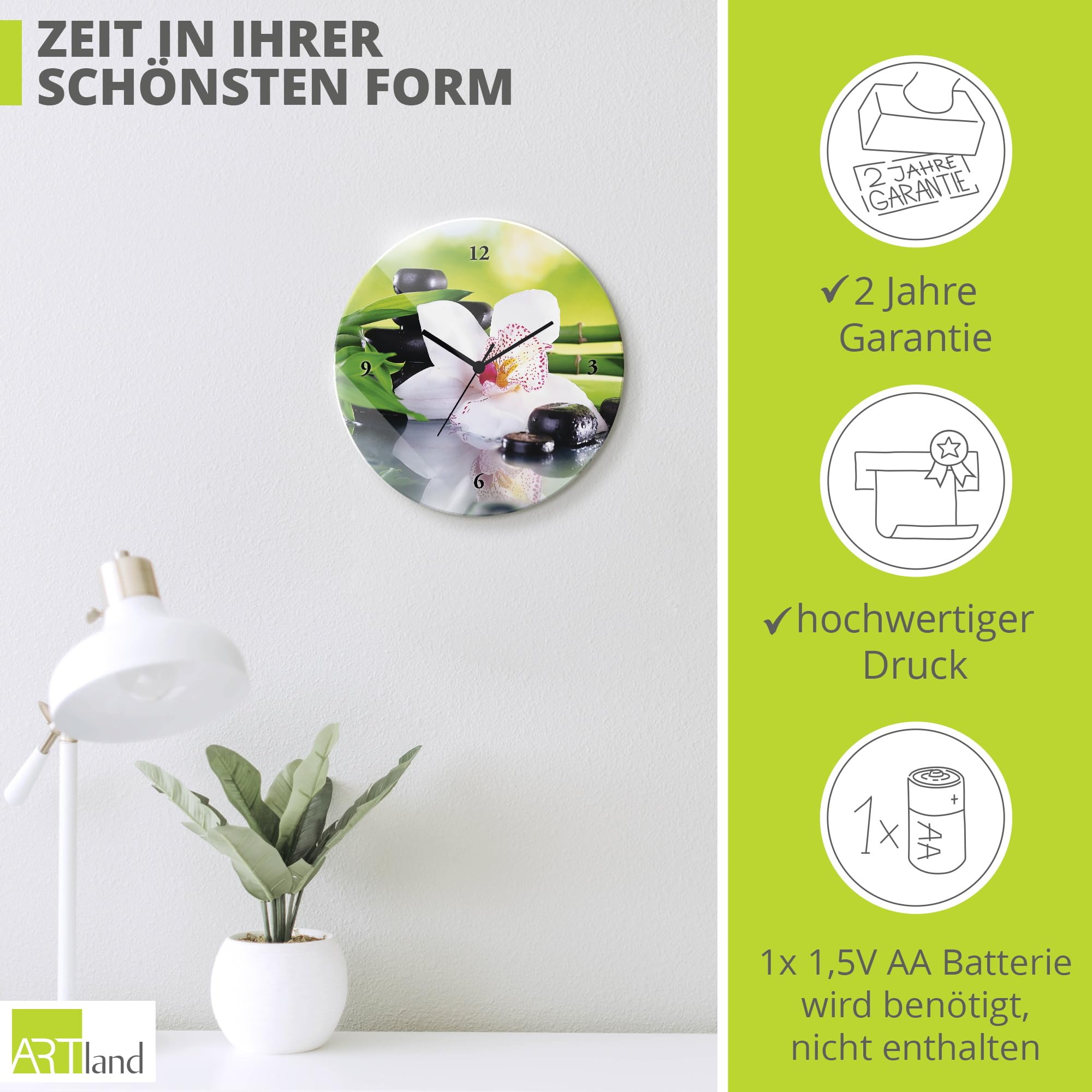 artland-t9iq-wanduhr-rund-30-cm-glas-funkuhr-orchidee-zen image 3