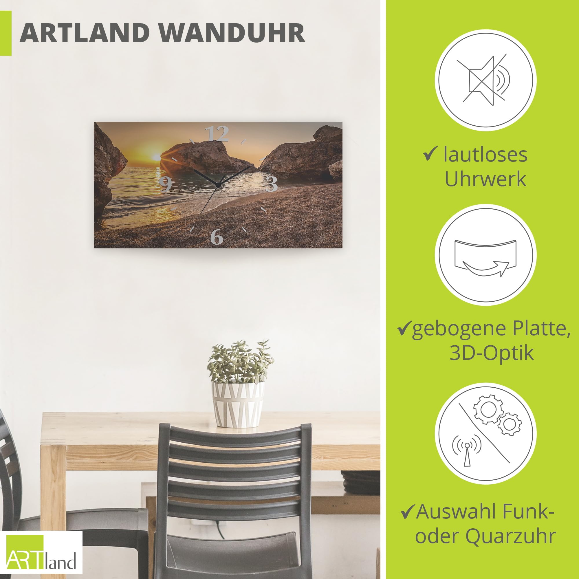 artland-wanduhren-quarzuhr-50x25-cm-strand-felsen-alu image 2