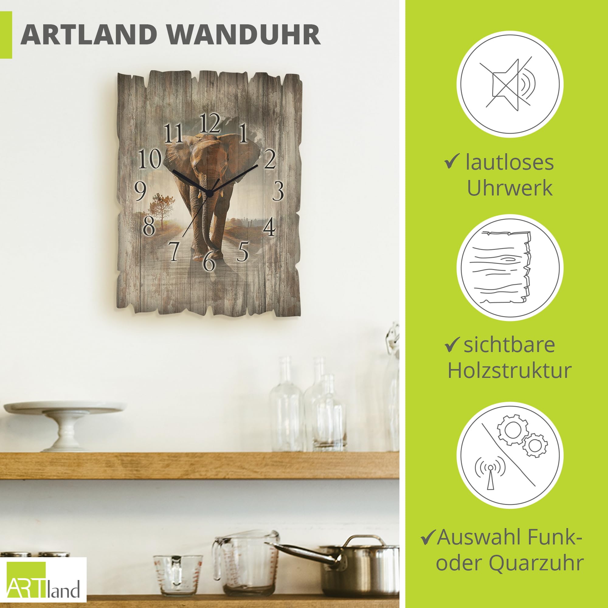artland-wanduhren-t9qo-wanduhr-30x40-cm-quarzuhr-elefant image 2