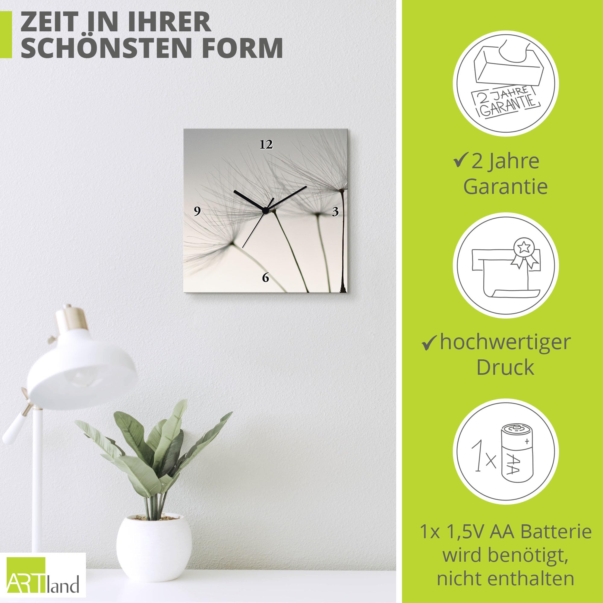 artland-wanduhren-funkuhr-30x30-grau-blumen-pusteblume-t5sq image 3