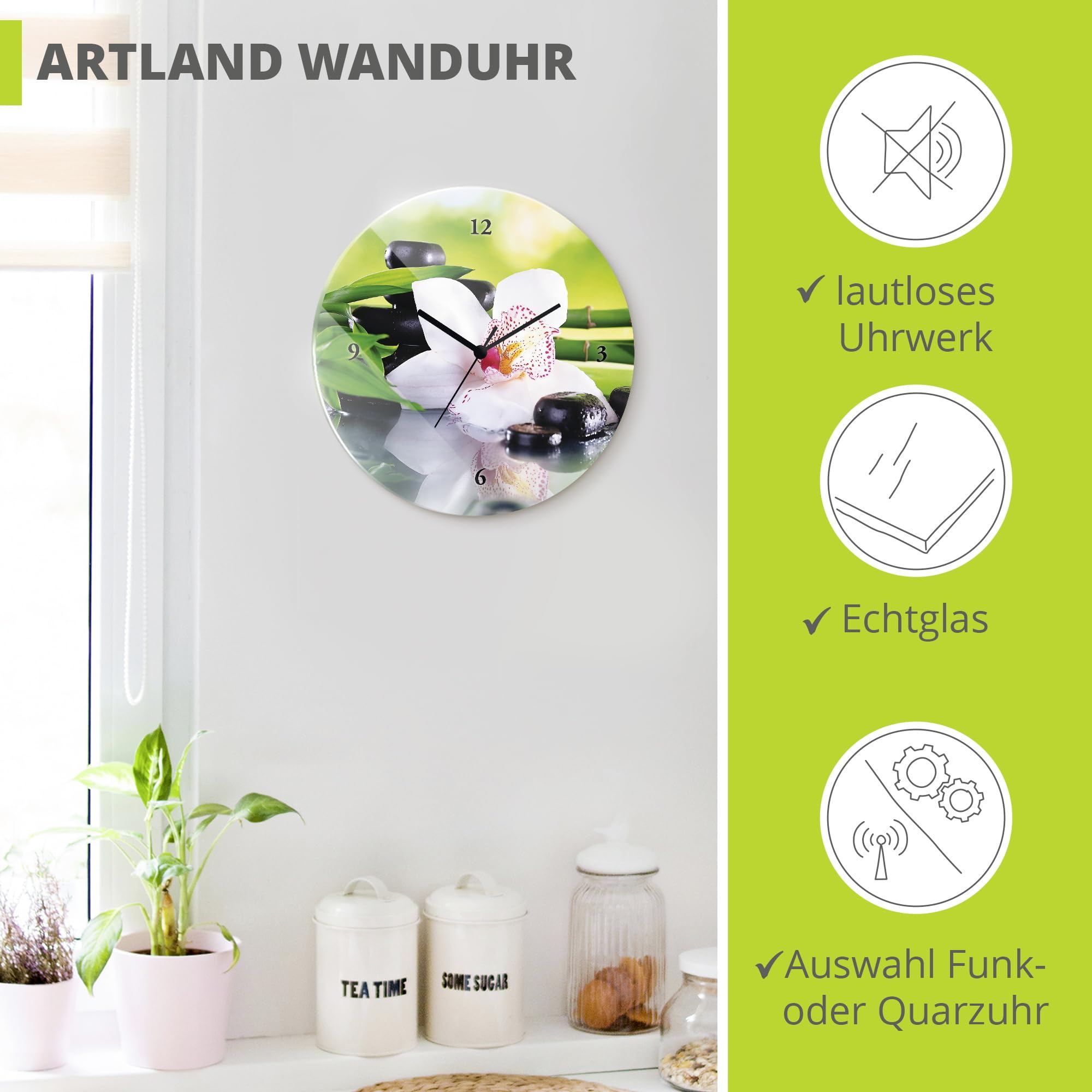 artland-t9iq-wanduhr-rund-30-cm-glas-funkuhr-orchidee-zen image 2