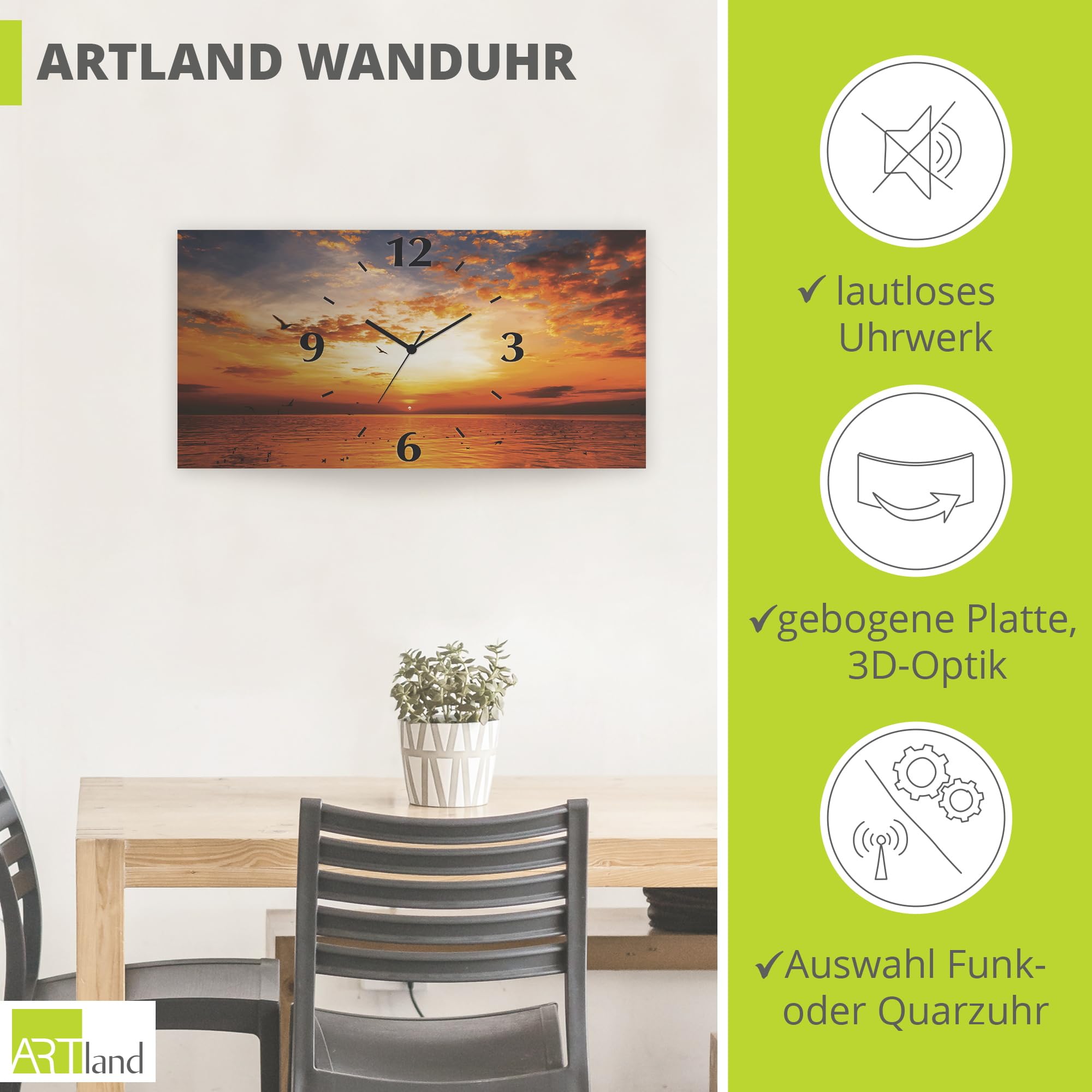 artland-wanduhren-quarzuhr-60x30-cm-strand-meer-sonnenuntergang image 2