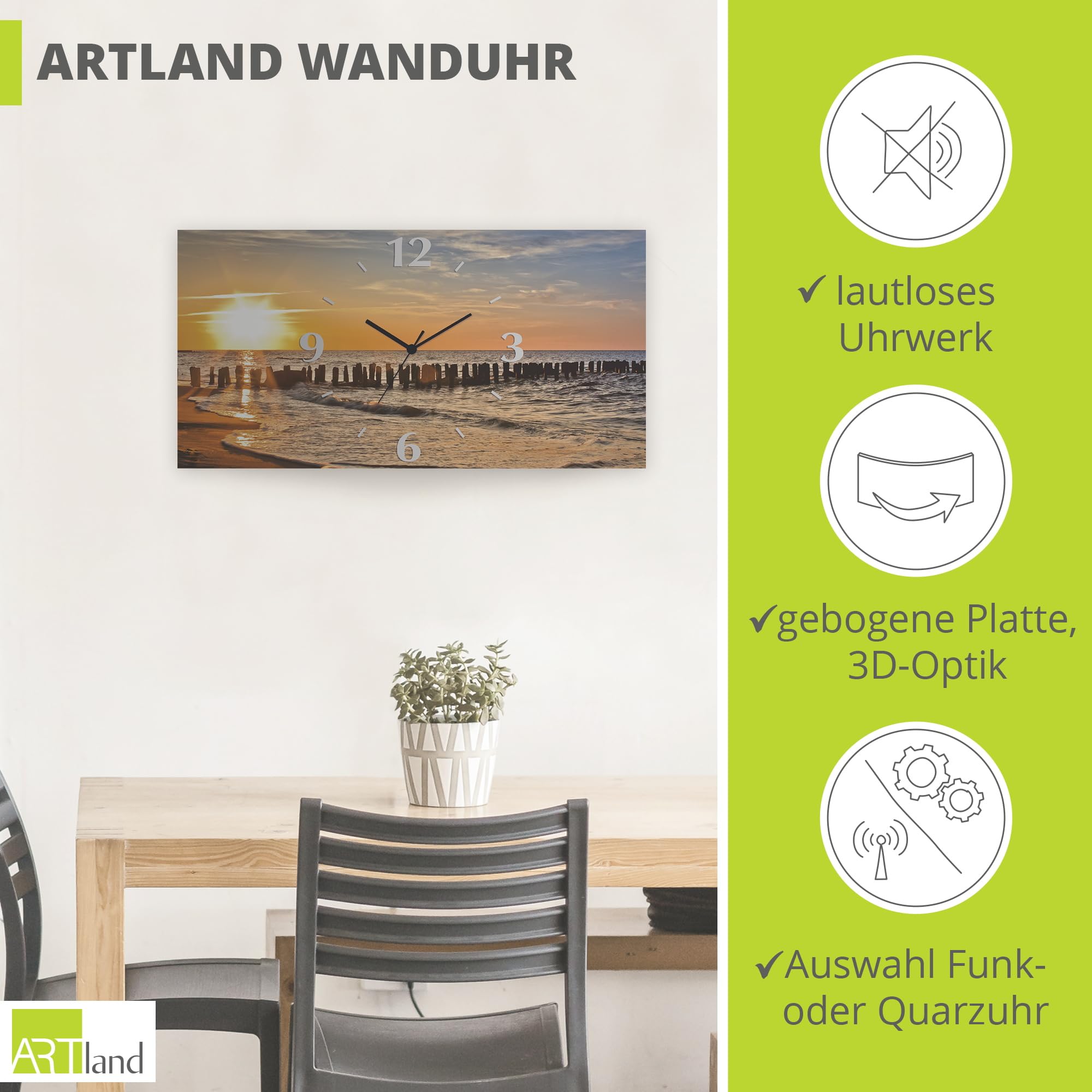 artland-wanduhren-funkuhr-50x25-strand-meer-sonnenuntergang image 2