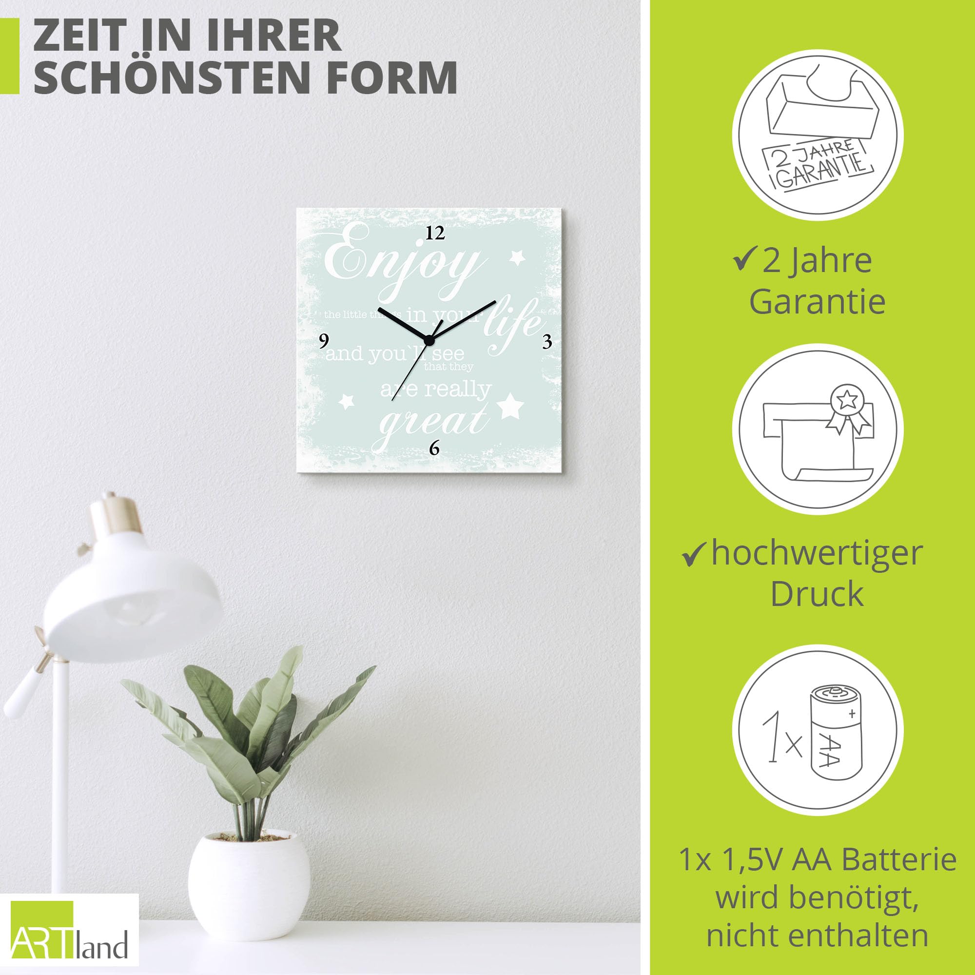 artland-wanduhren-spruch-mint-leinwand-funkuhr-30x30 image 3