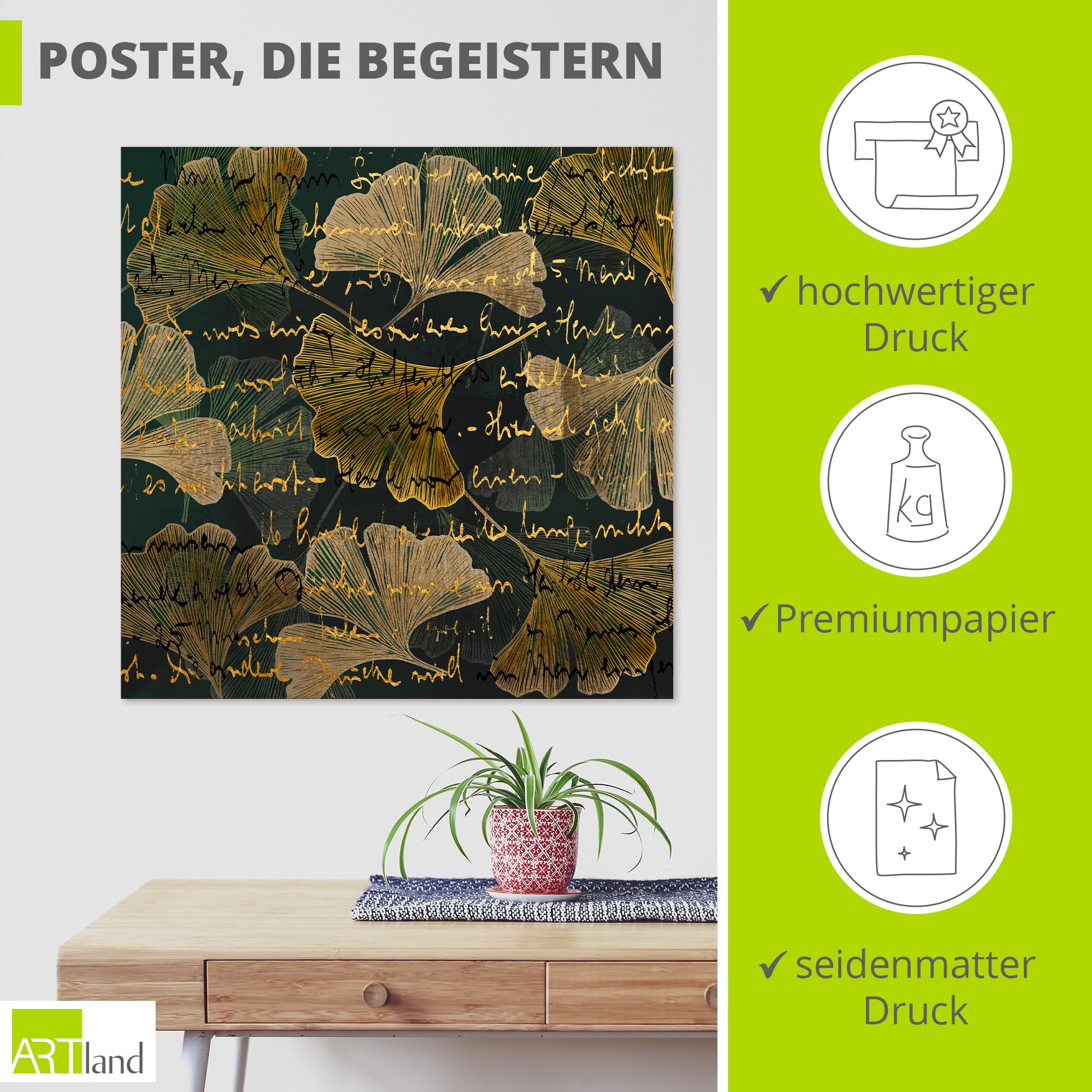 artland-kunstdrucke-ginkgo-poster-100x100-cm-braun image 2