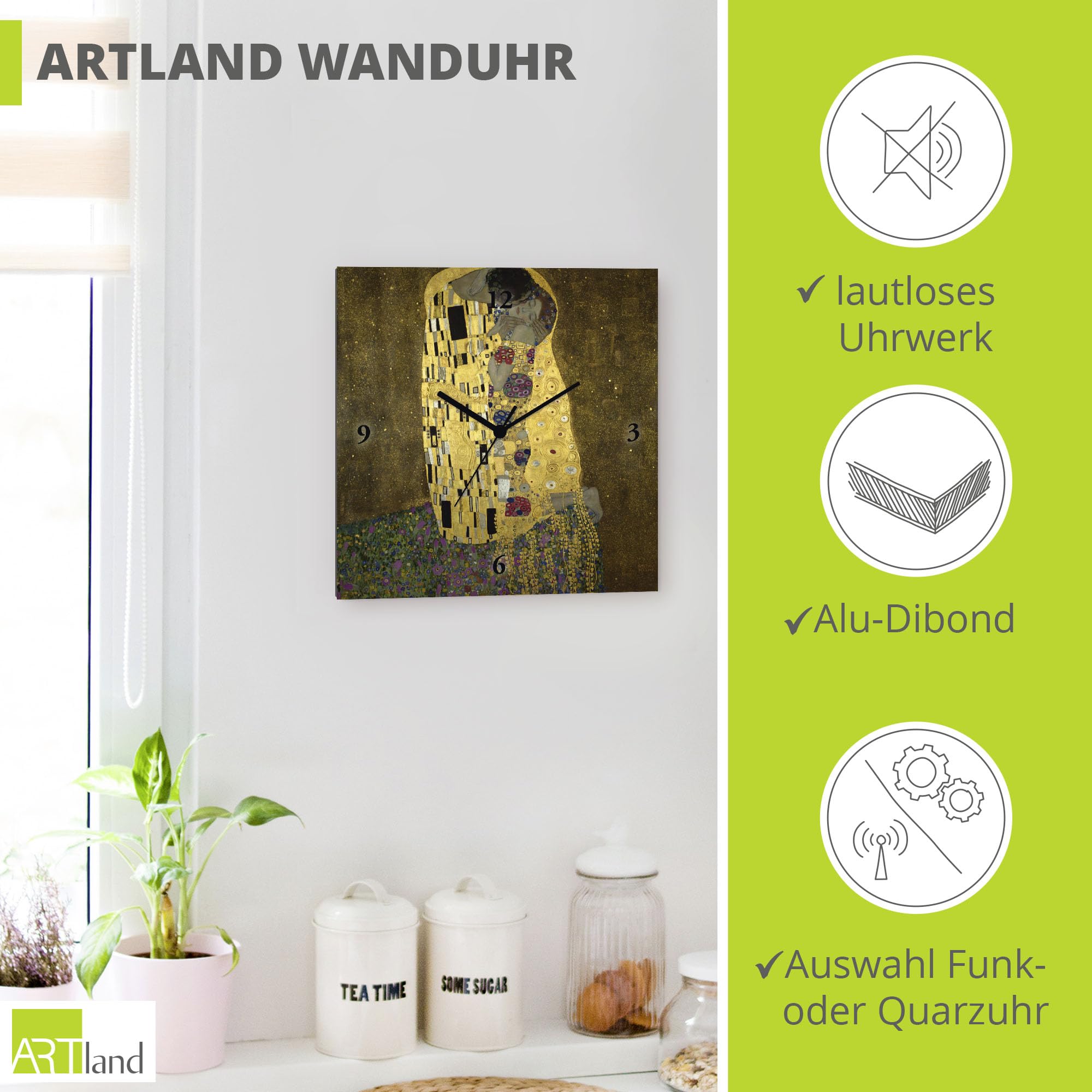 artland-wanduhren-t9ll-wanduhr-der-kuss-30x30-cm-lautlos image 2