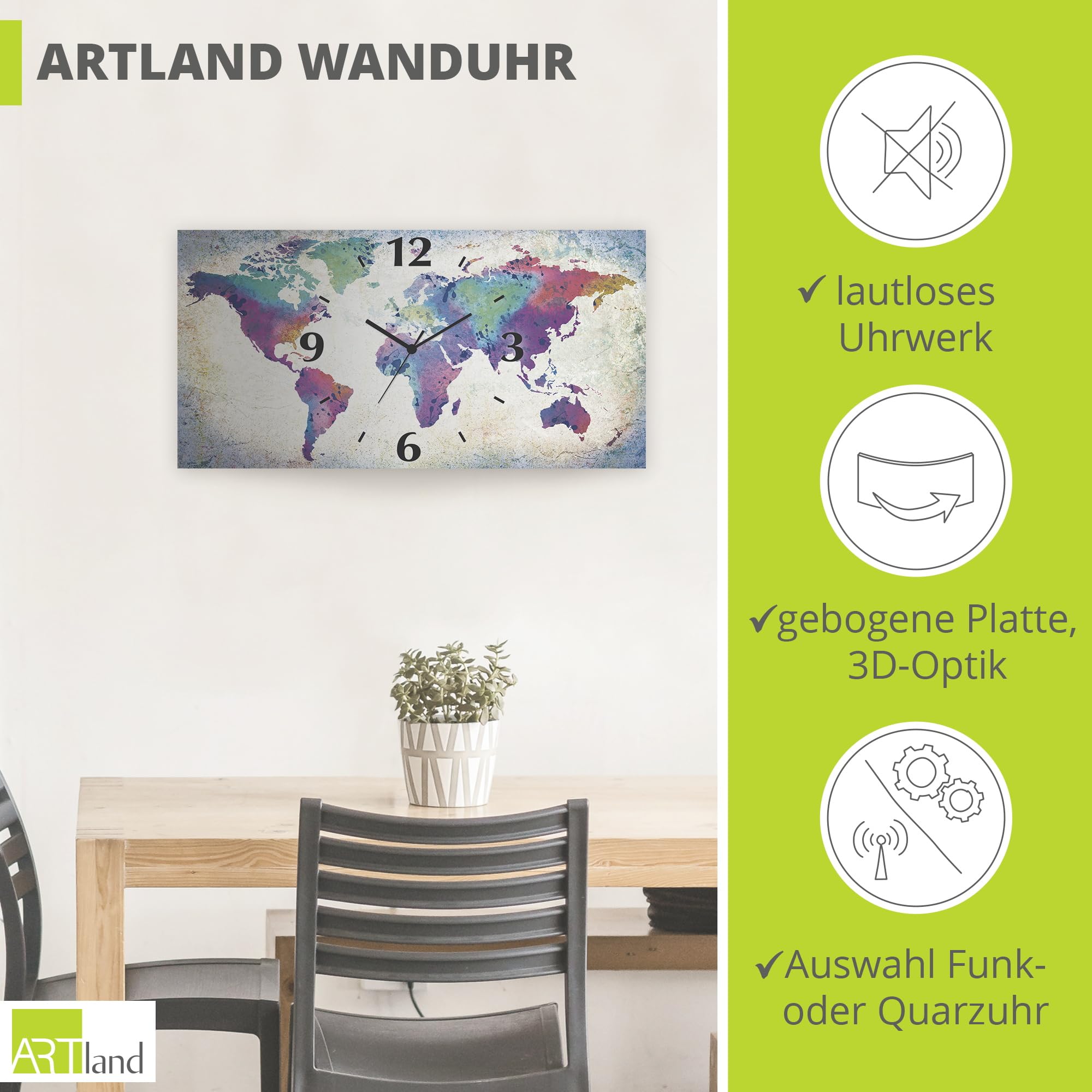 artland-wanduhren-weltkarte-quarzuhr-50x25-cm-bunt image 2