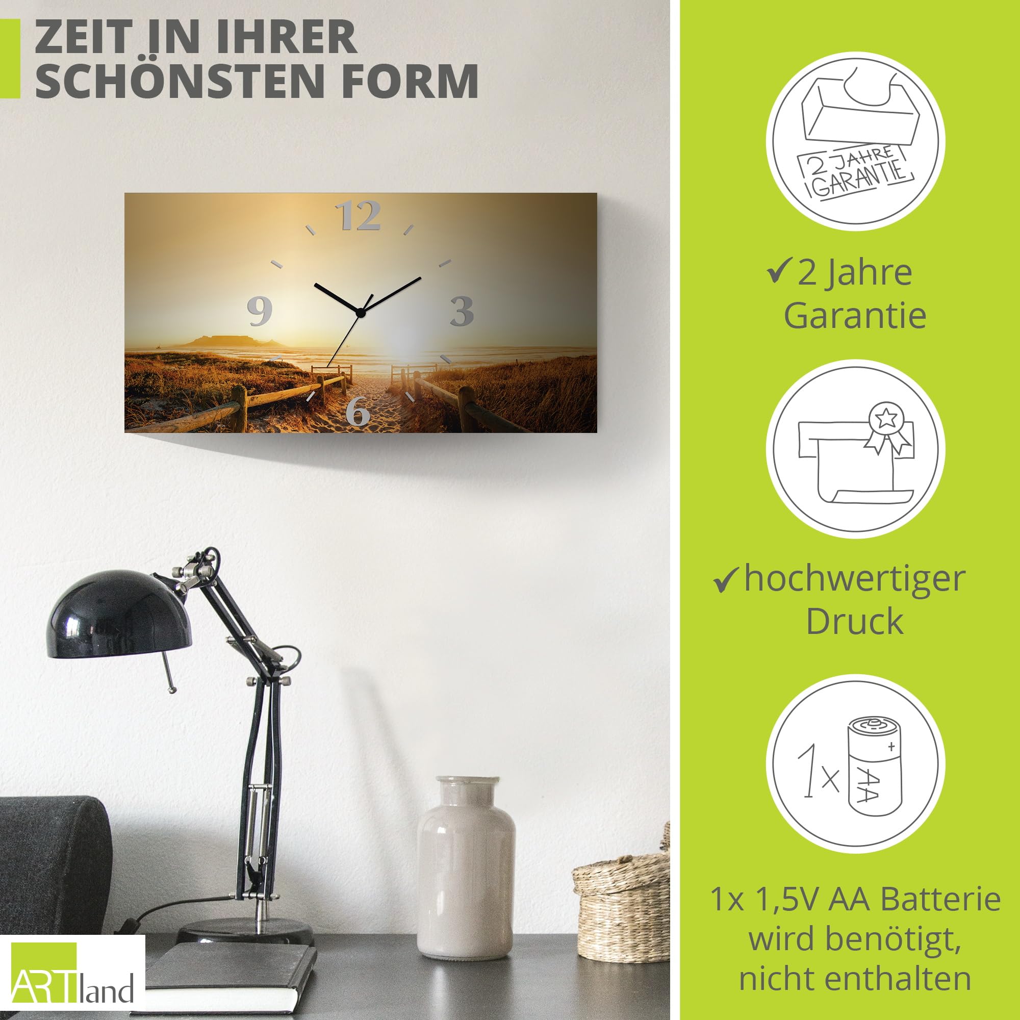 artland-wanduhren-funkuhr-60x30-cm-strand-meer-sunset-s7lc image 3
