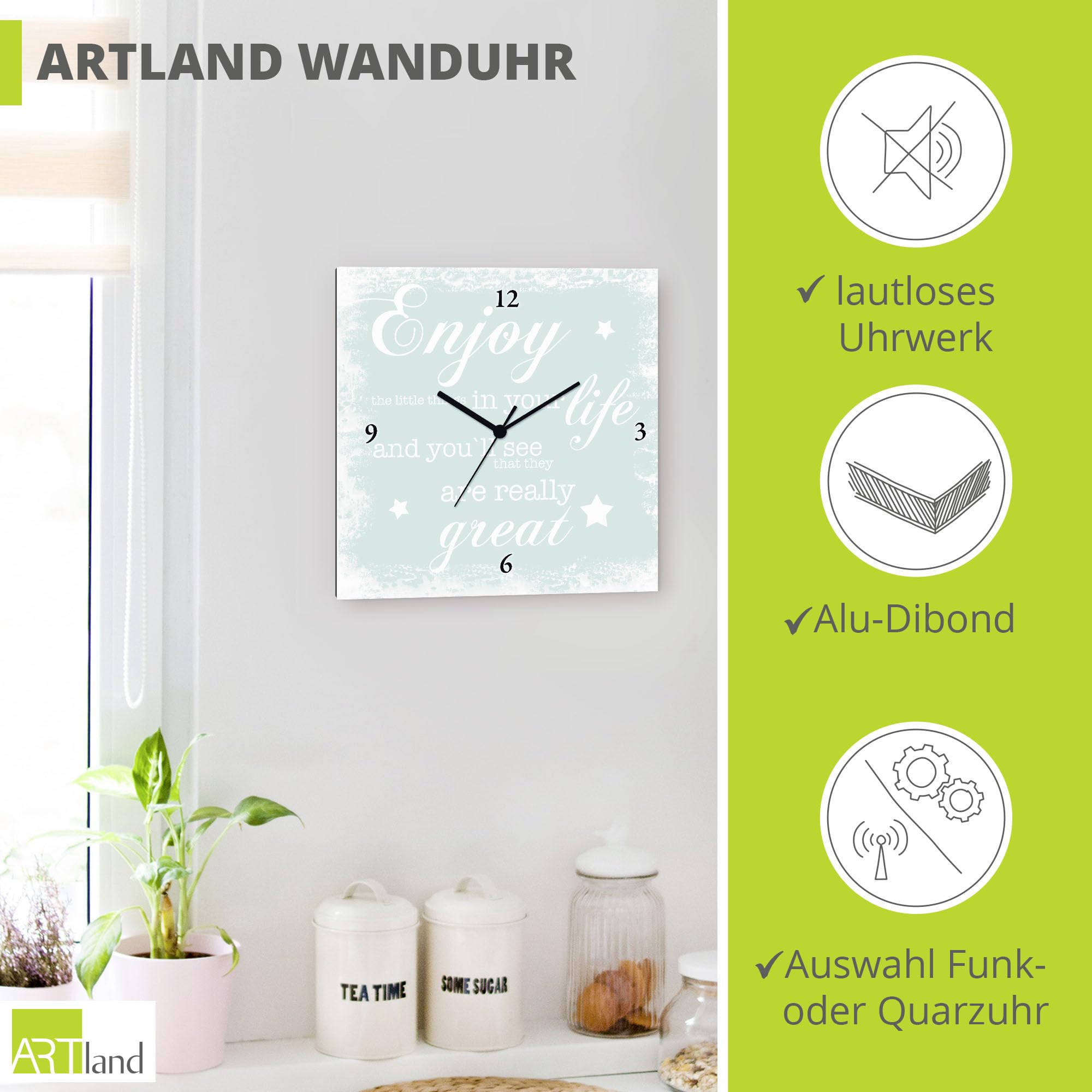 artland-wanduhren-spruch-mint-leinwand-funkuhr-30x30 image 2