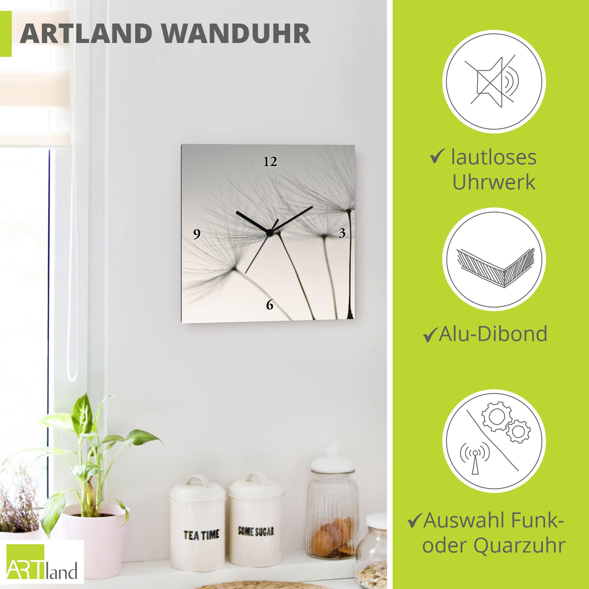 artland-wanduhren-funkuhr-30x30-grau-blumen-pusteblume-t5sq image 2